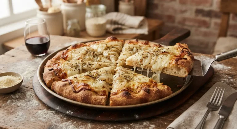 Pizza de masa madre casera con fugazzeta porteña