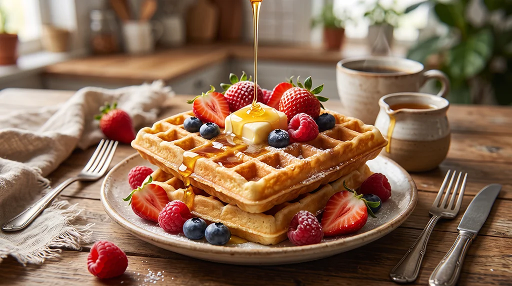 Waffles de manteca con frutas rojos y miel